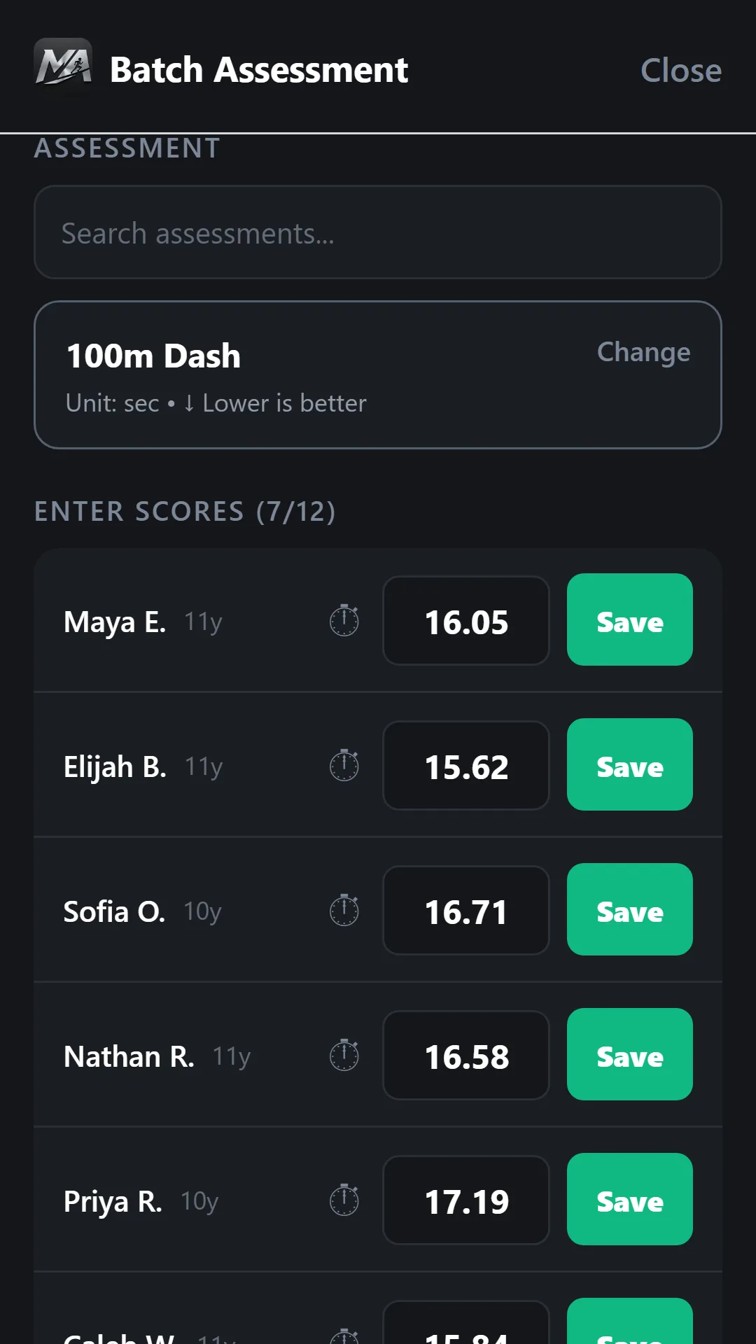 Batch assessment with demonstration athletes and entered scores