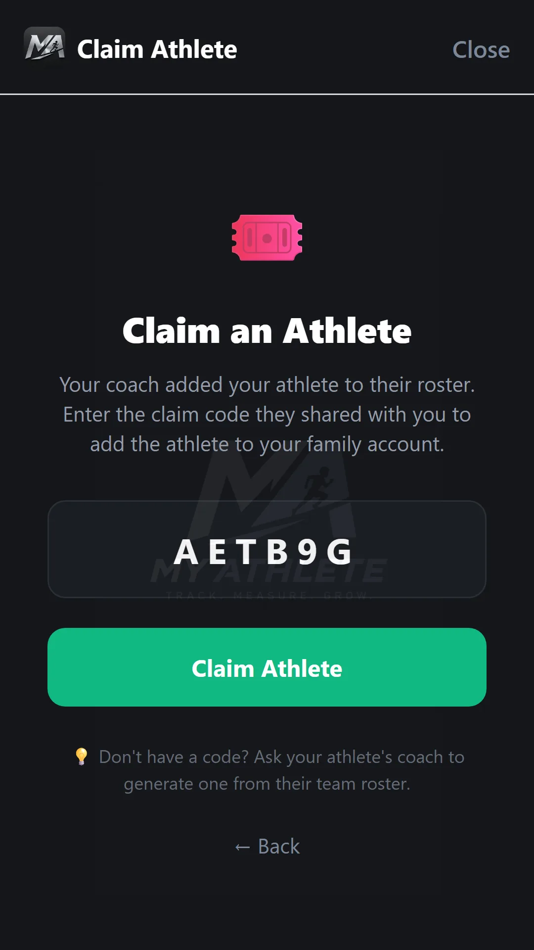 The parent-side Claim Athlete screen, with the claim code already filled in from the coach’s link.