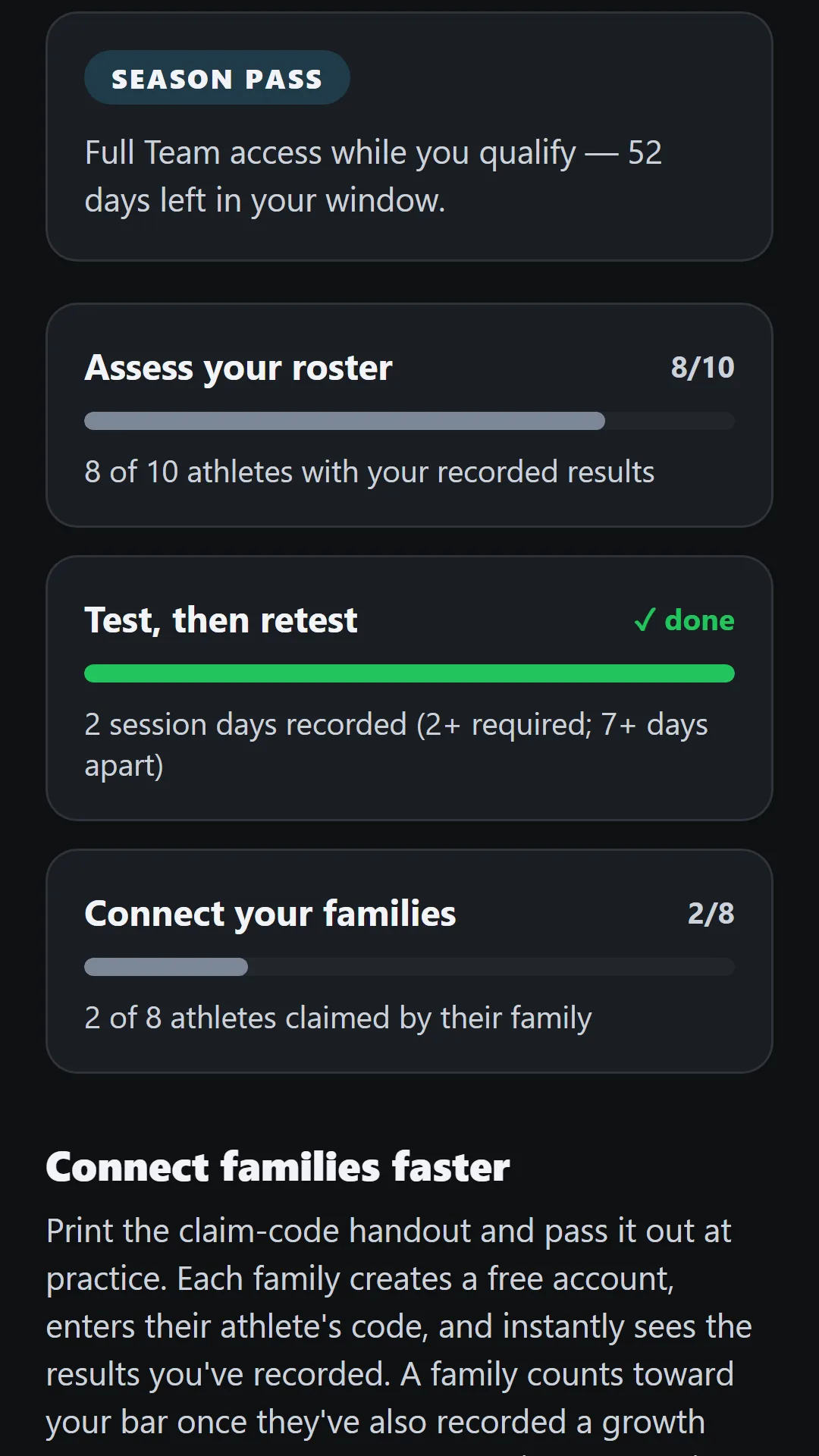 The Coach Program screen showing the Season Pass state and three progress meters: assess your roster, test then retest, and connect your families.