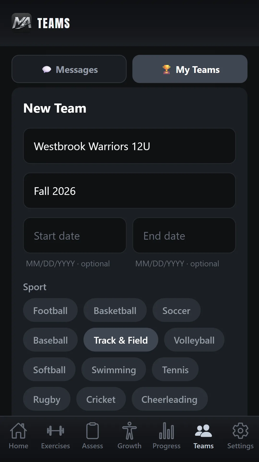 The New Team form, showing the team name field, the sport picker and the season dates.