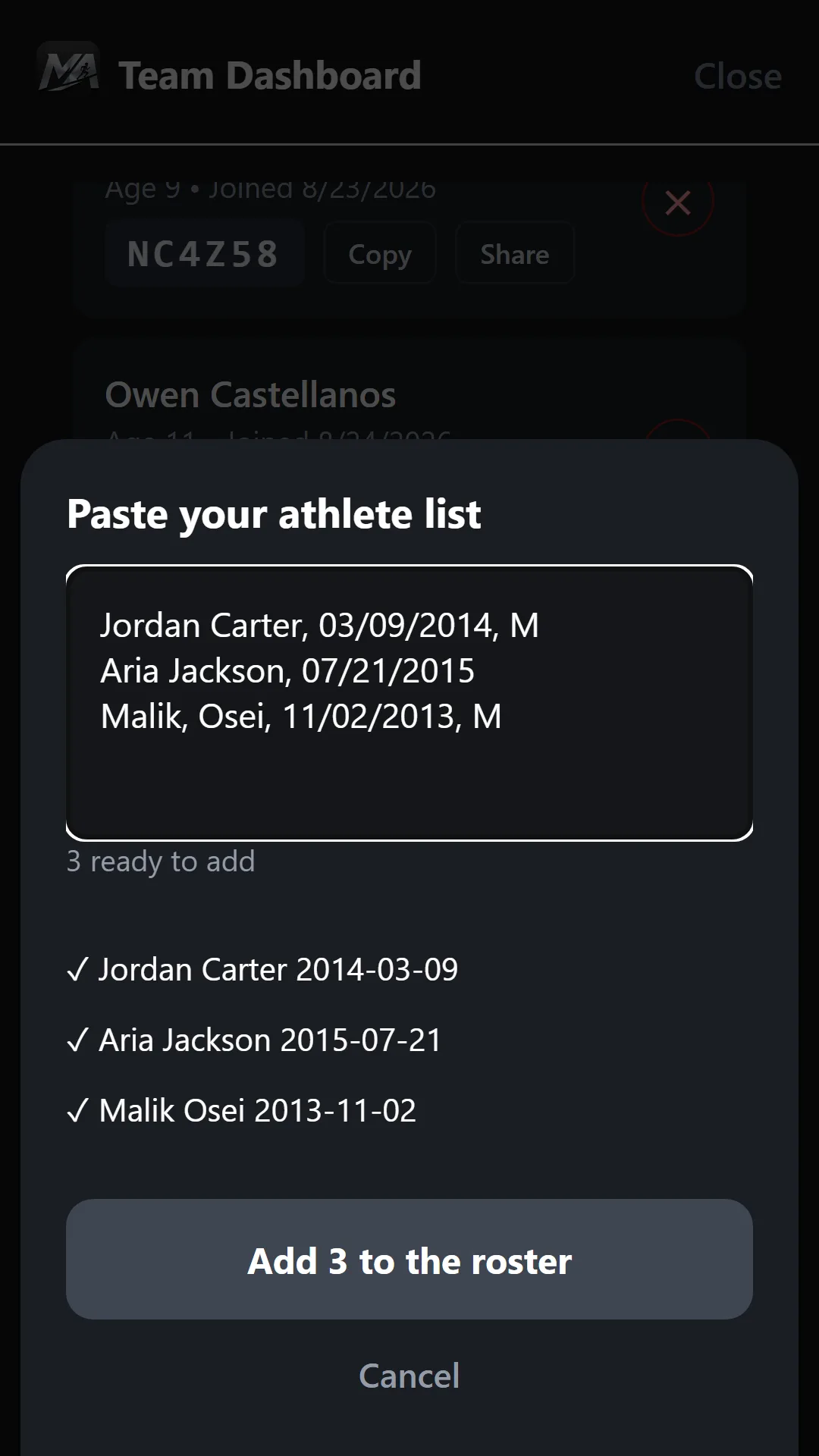 The paste-a-list sheet with three athletes pasted in, a 