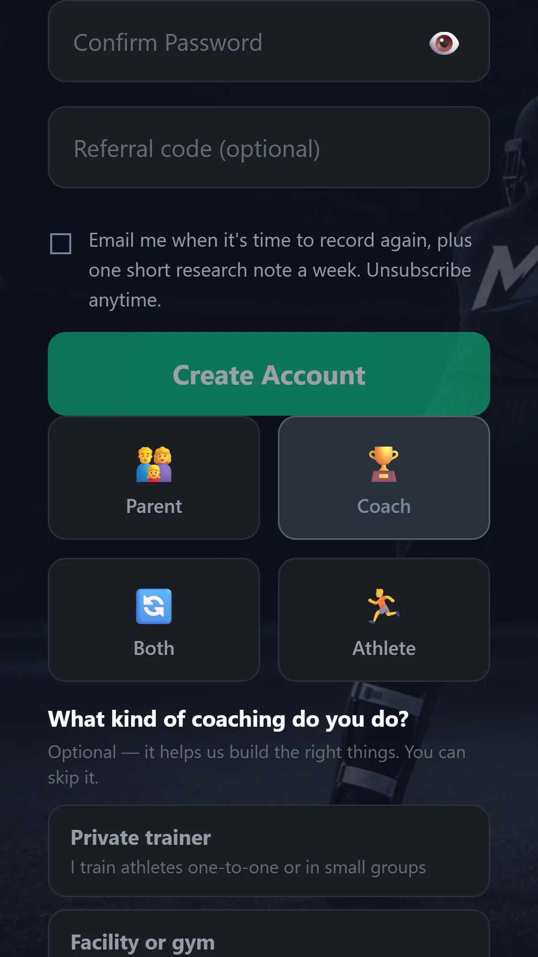 The My Athlete registration screen on a phone, with the account type set to Coach.