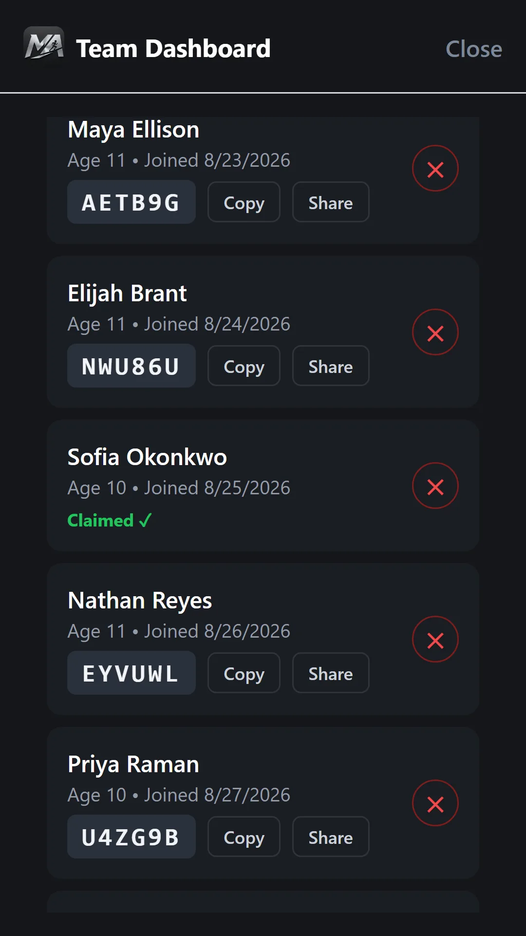 Team roster showing individual family claim codes and a claimed record